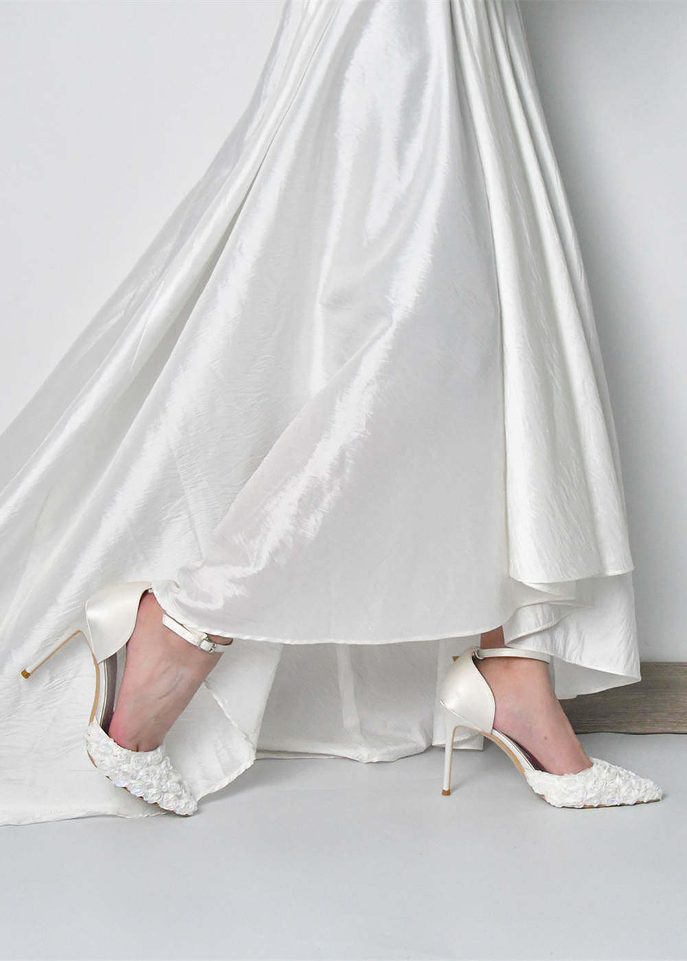 White Ankle Strap Appliqued Satin Pumps Wedding Shoes