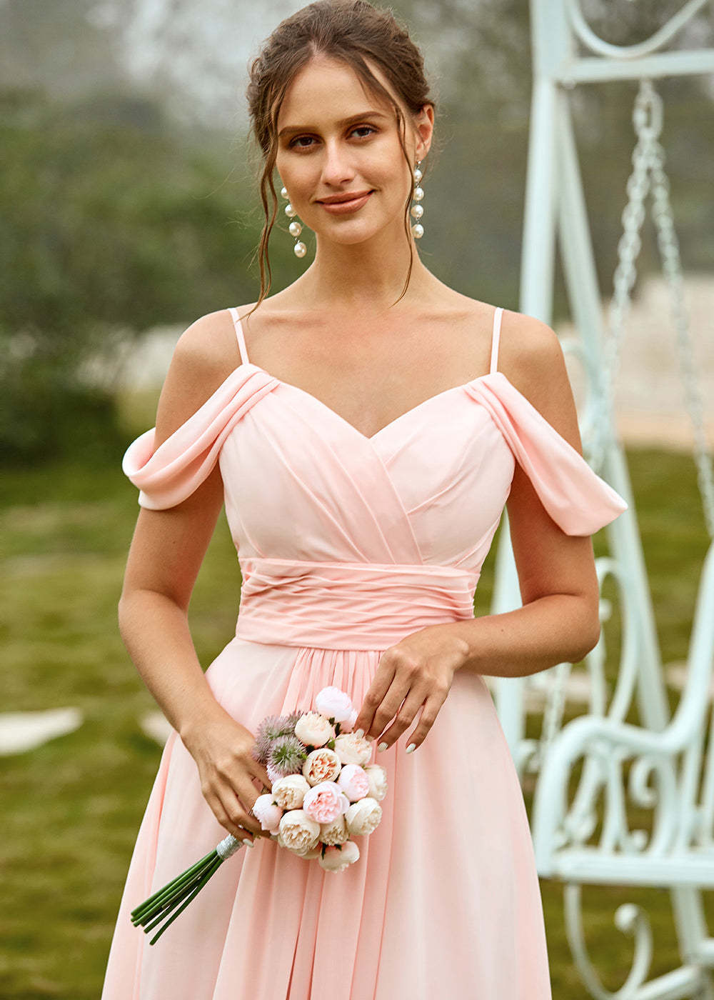 Off the Shoulder Chiffon Bridesmaid Dress