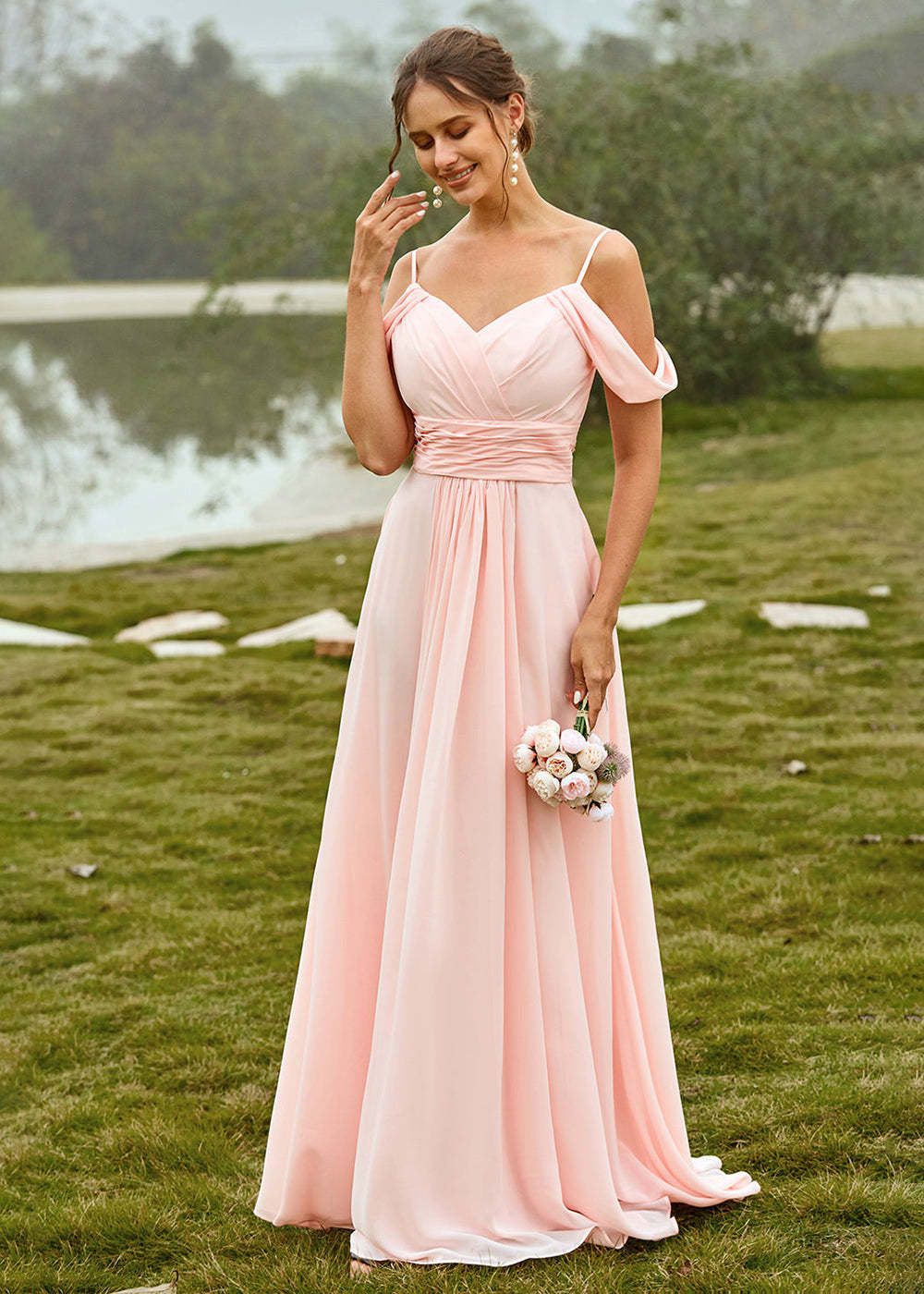 Off the Shoulder Chiffon Bridesmaid Dress