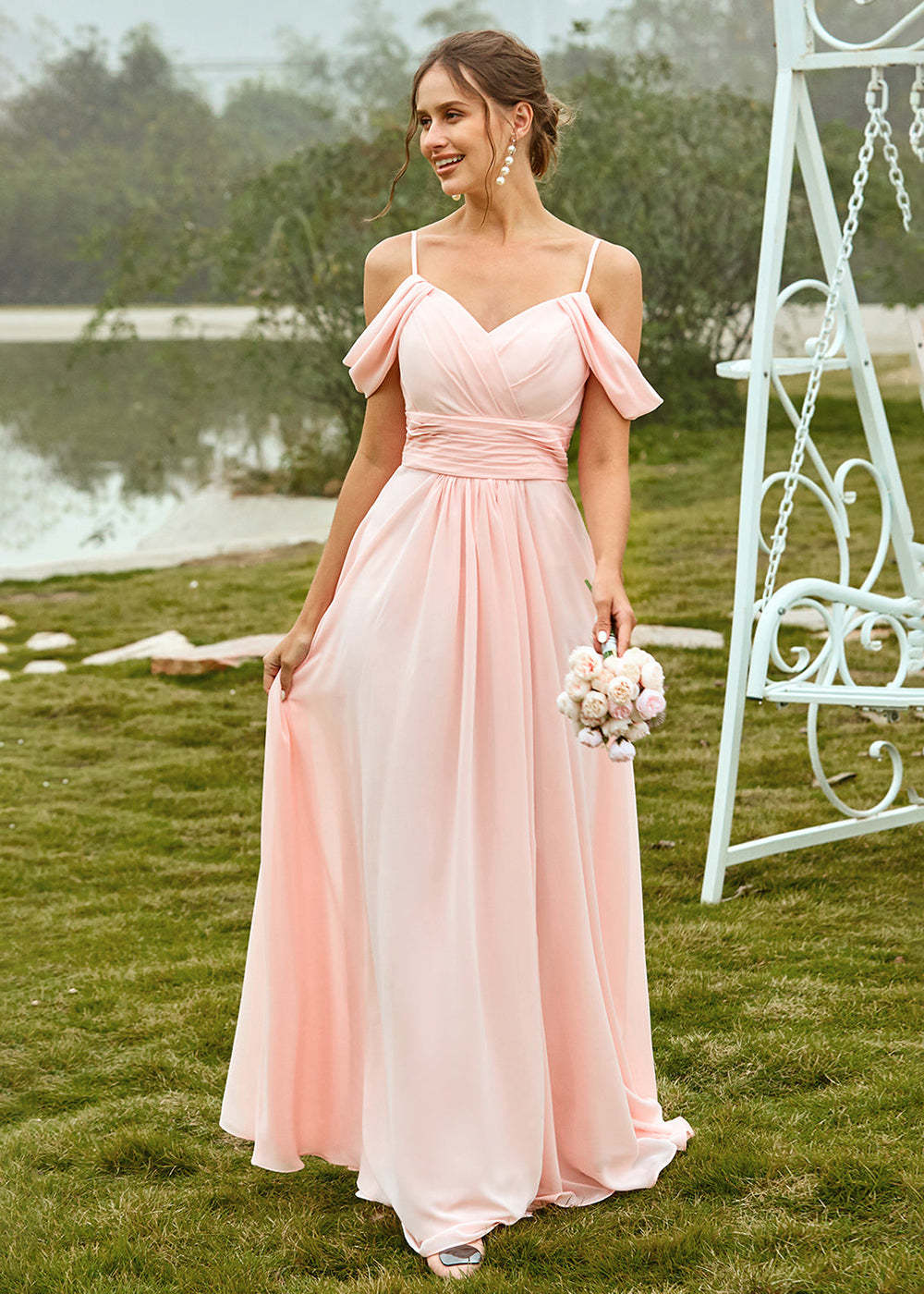 Off the Shoulder Chiffon Bridesmaid Dress