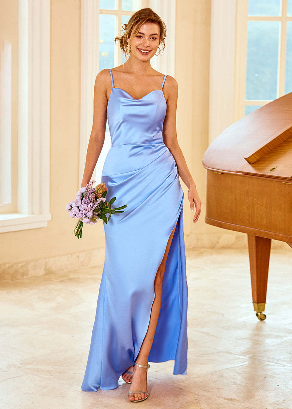 Satin Long V-neck Bridesmaid Dress with Split