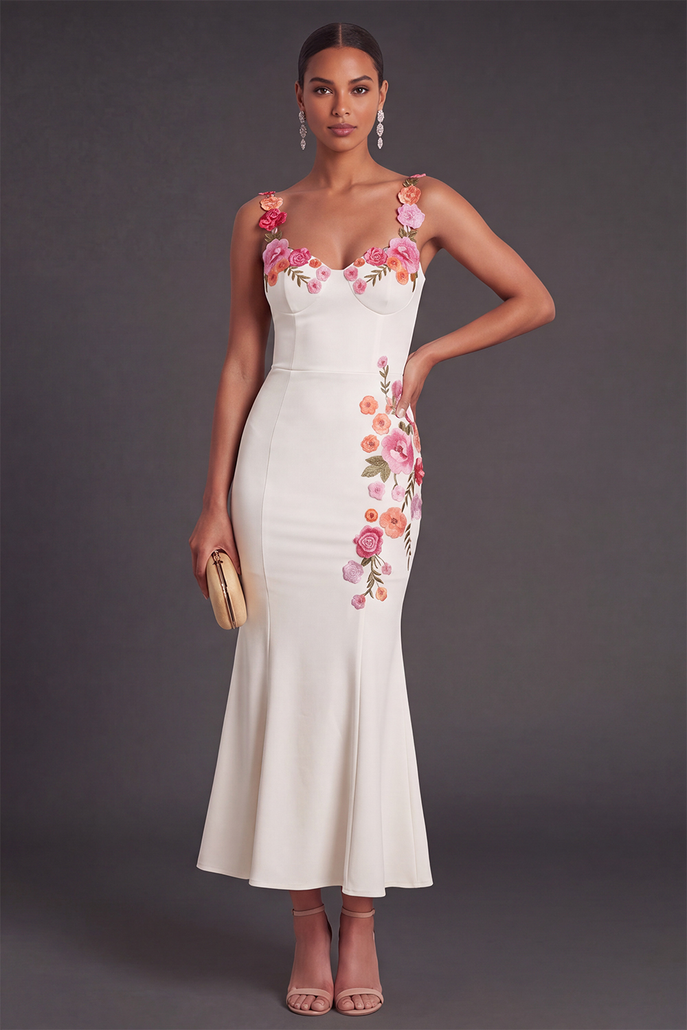 Floral Light Yellow Mermaid Thick Straps Long Wedding Guest Dress