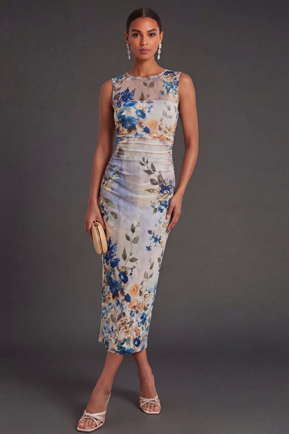 Ruched Floral Black Sheath Sleeveless Midi Beach Wedding Guest Dress