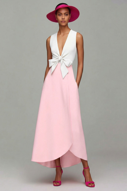 Orange and Fuchsia Deep V-Neck Maxi Formal Dress with Bow