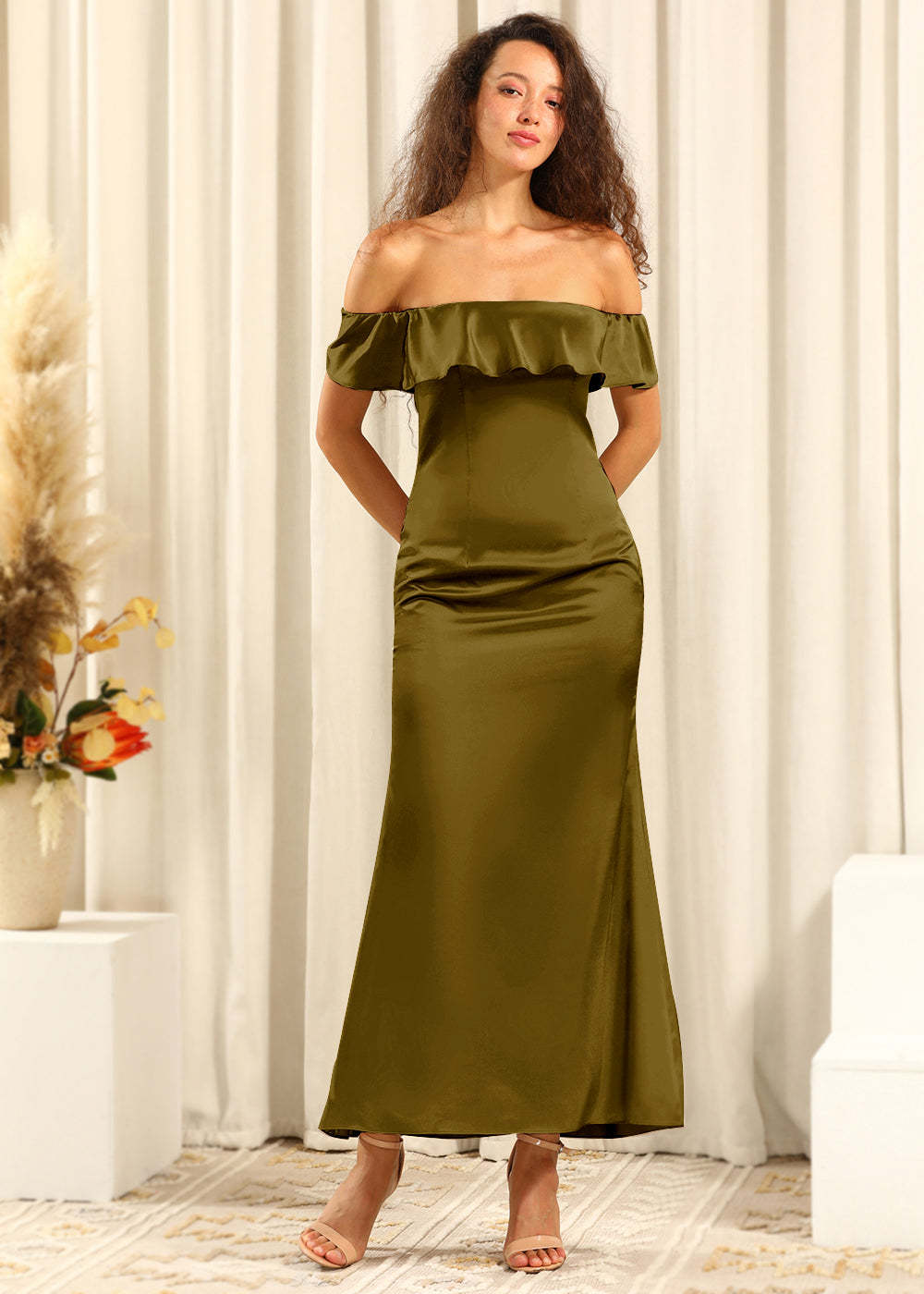 Off The Shoulder Ankle Length Satin Sheath Bridesmaid Dress