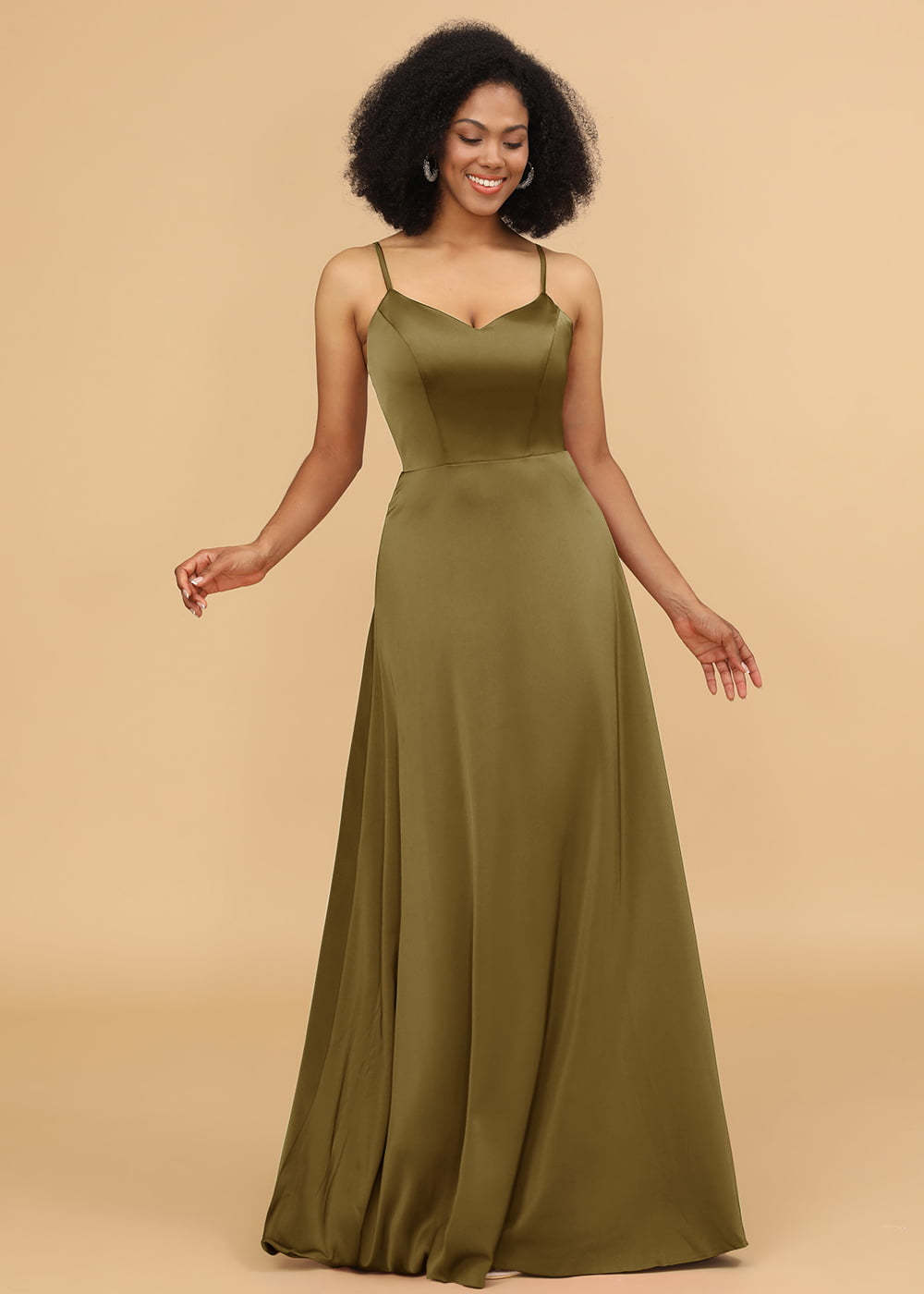 Satin V-neck Spaghetti Strap Bridesmaid Dress