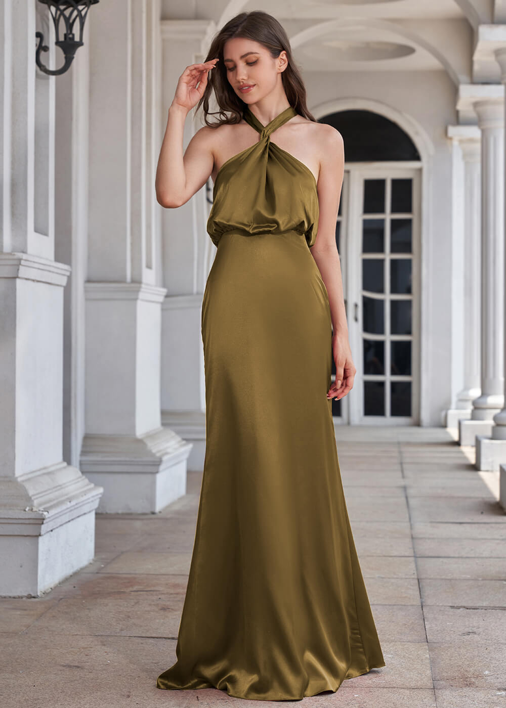 Halter Neck Sheath Satin Floor Length Bridesmaid Dress