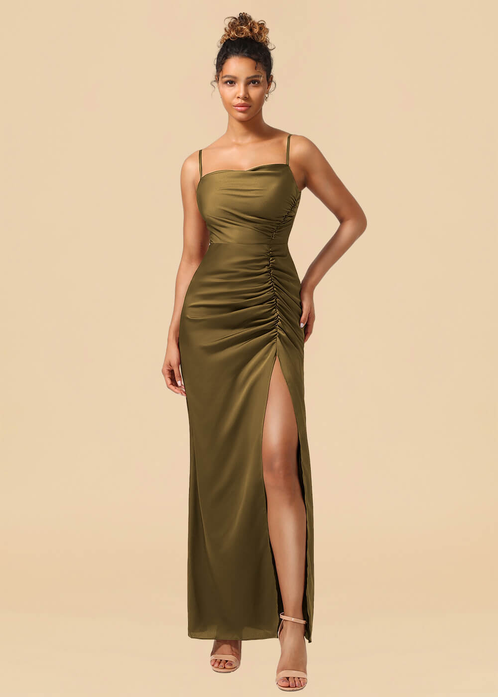 Sheath Satin Pleated Adjustable Spaghatti Strap Maxi Bridesmaid Dress