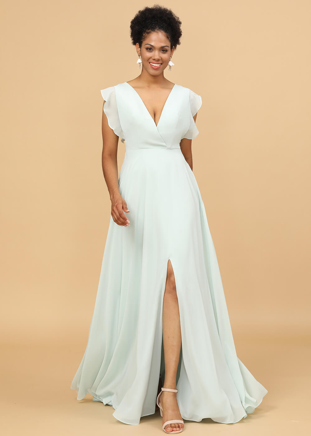 V-neck Ruffles Cap Sleeve V-back Chiffon A-line Maxi Bridesmaid Dress with Slit