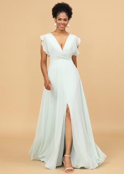 V-neck Ruffles Cap Sleeve V-back Chiffon A-line Maxi Bridesmaid Dress with Slit