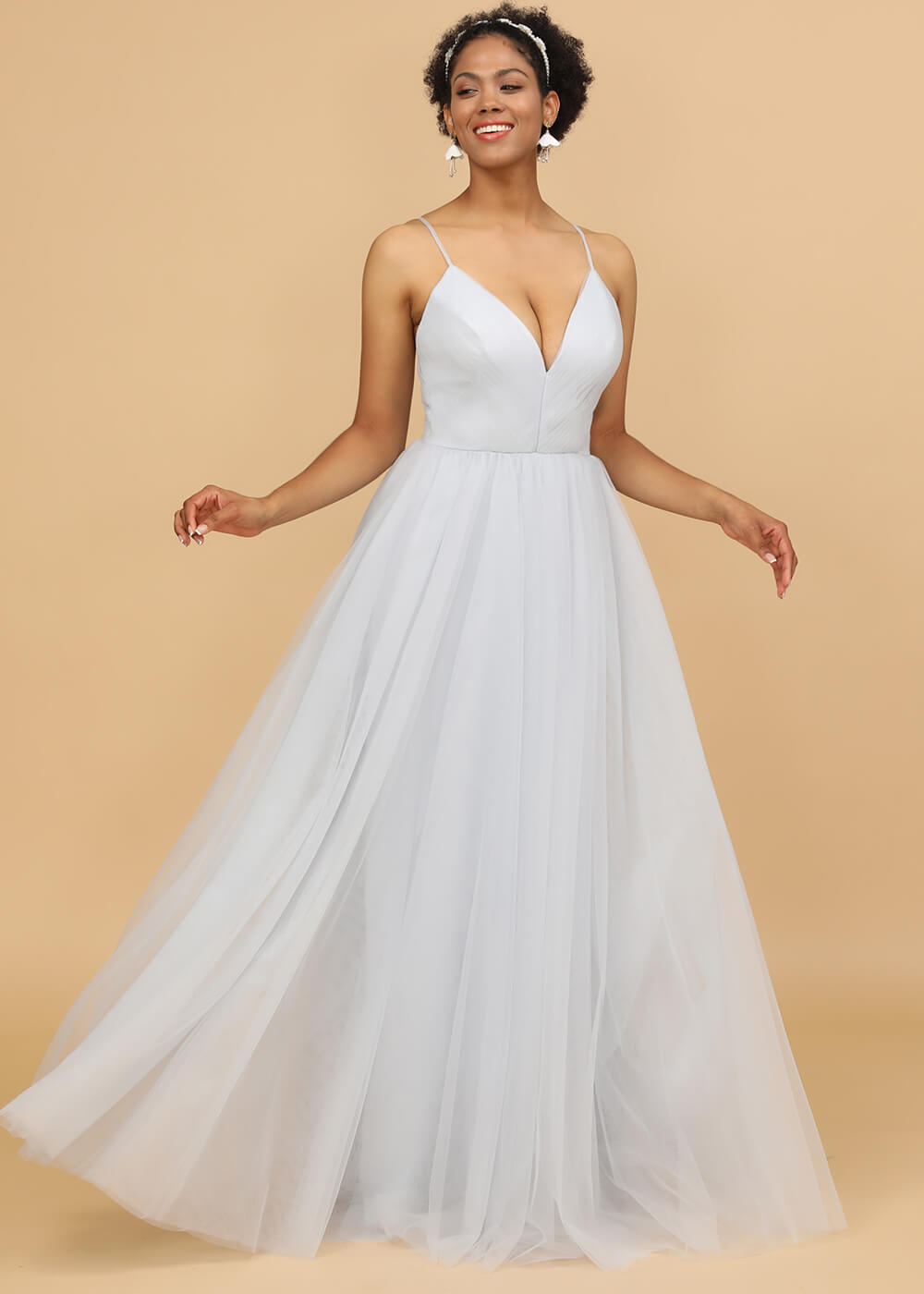 Deep V-neck Strap Open Back Tulle A-line Maxi Bridesmaid Dress