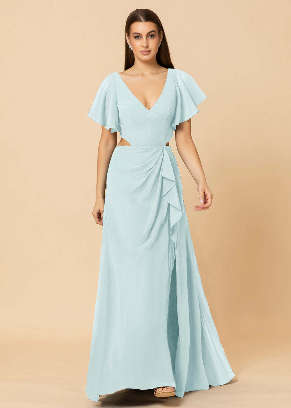 V-neck Waist Cut Out Floor Length Bridesmaid Dress