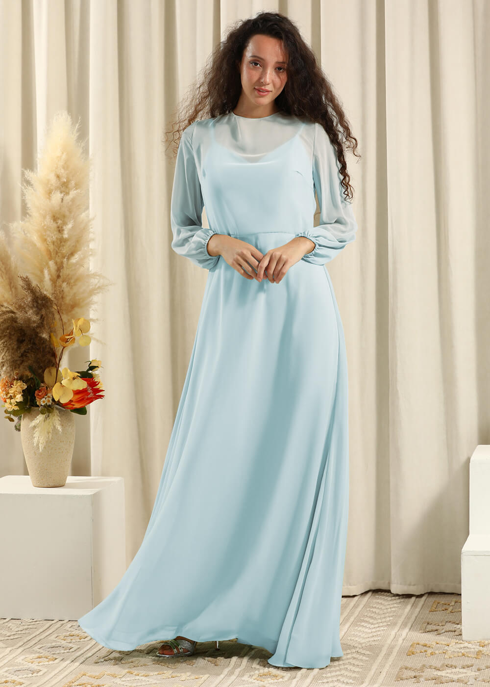 Long Sleeve A-line Chiffon Keyhole Back Bridesmaid Dress
