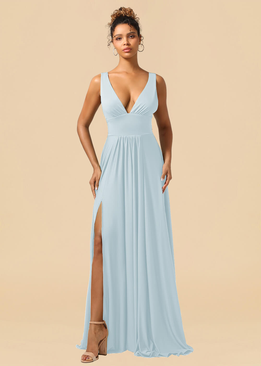 Deep V-neck Spandex A-line Maxi Bridesmaid Dress with Slit