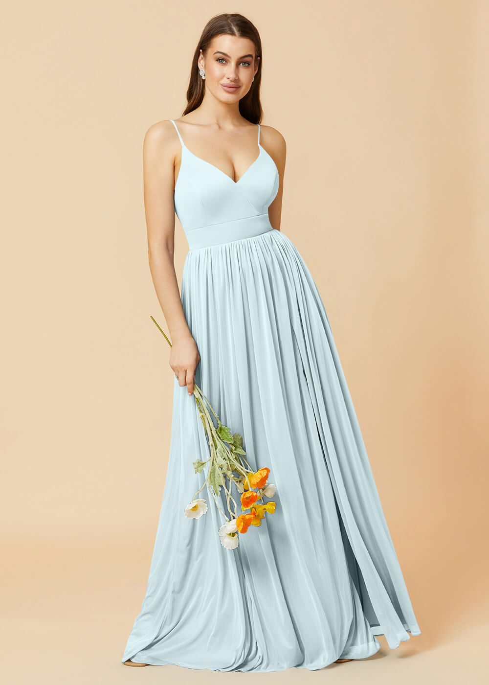V-neck Spaghetti Strap Open Back Chiffon Bridesmaid Dress