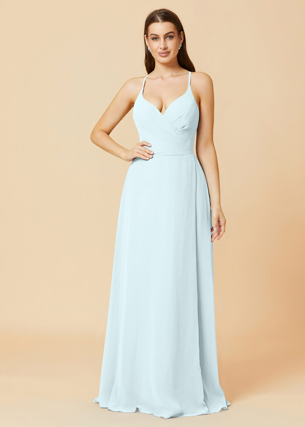 V-neck Spaghetti Strap Button Back Chiffon Bridesmaid Dress