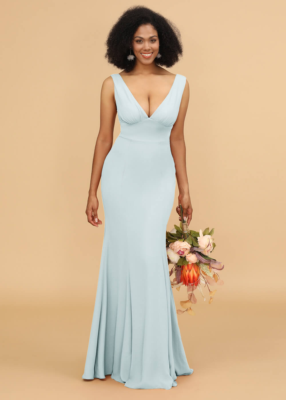 V-neck Trumpet Long Bridesmaid Dress