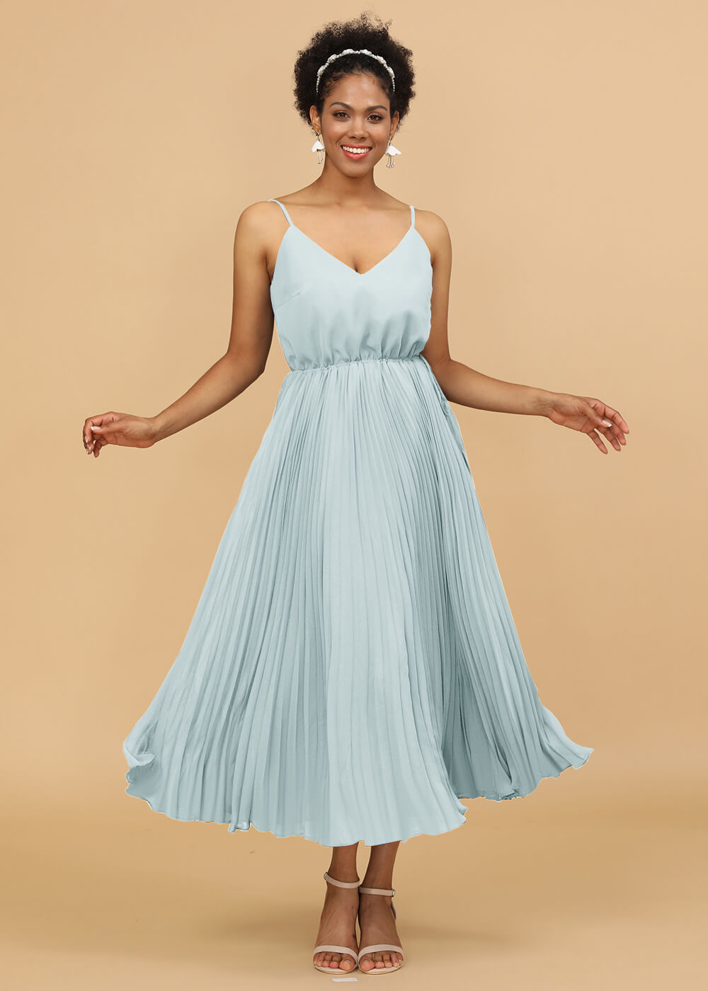 V-neck Spaghetti Strap Tea Length Bridesmaid Dress