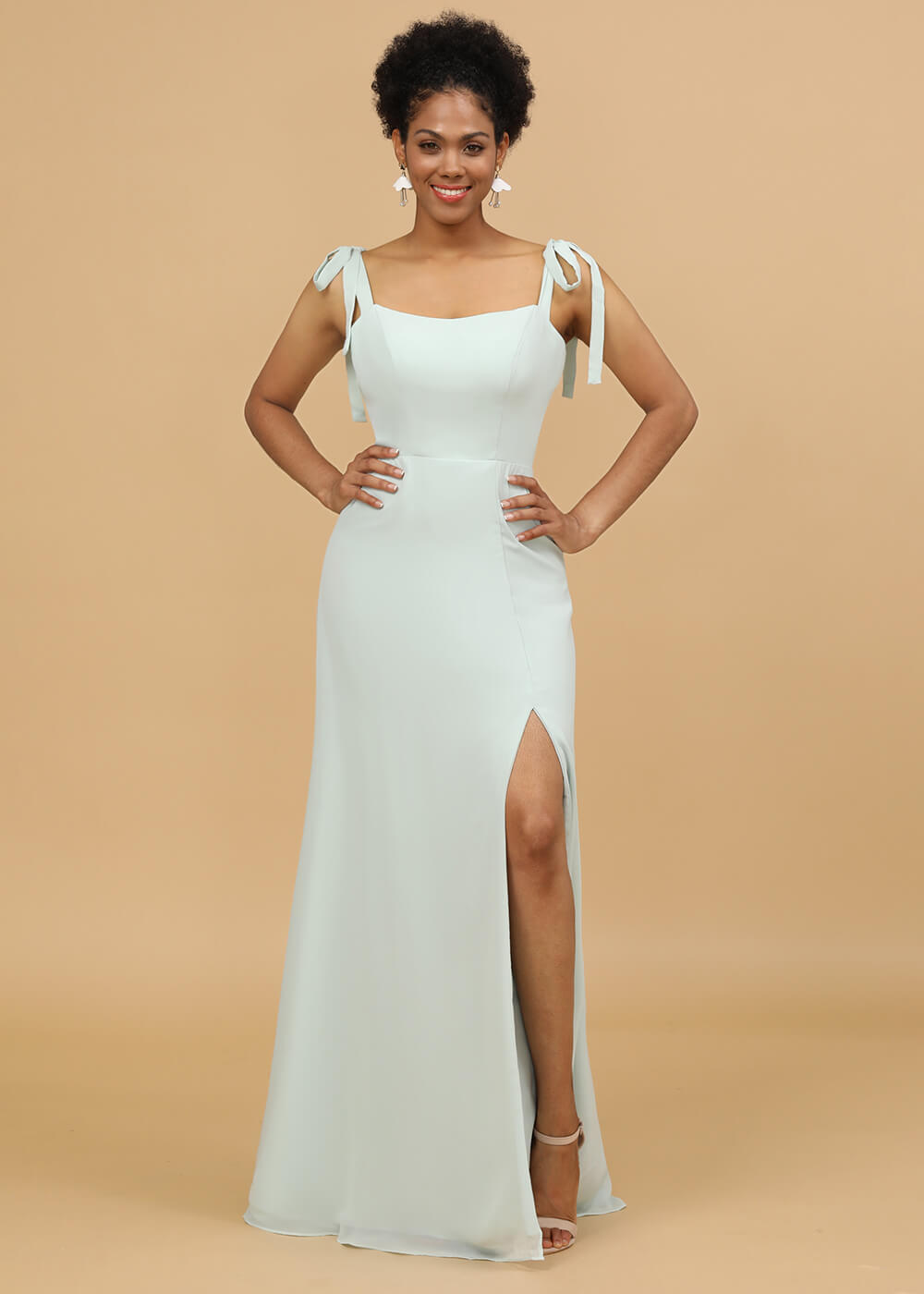 Sheath Adjustable Spaghetti Strap Maxi Bridesmaid Dress with Slit