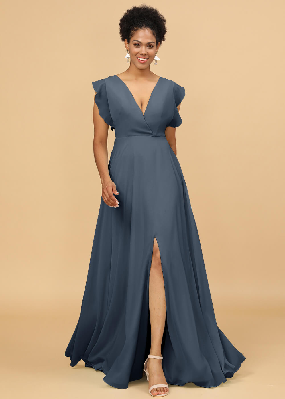 V-neck Ruffles Cap Sleeve Chiffon Bridesmaid Dress