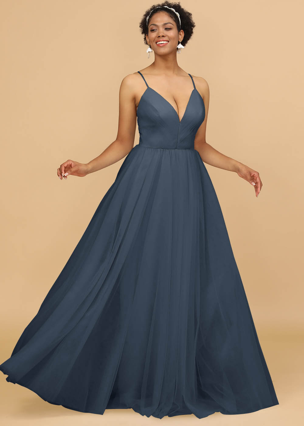 Deep V-neck Strap Tulle Bridesmaid Dress