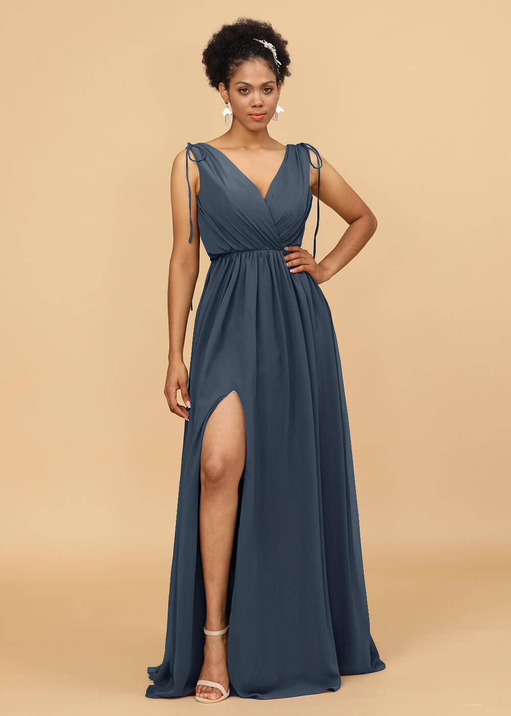 Long A-line V-neck Bridesmaid Dress with Slit