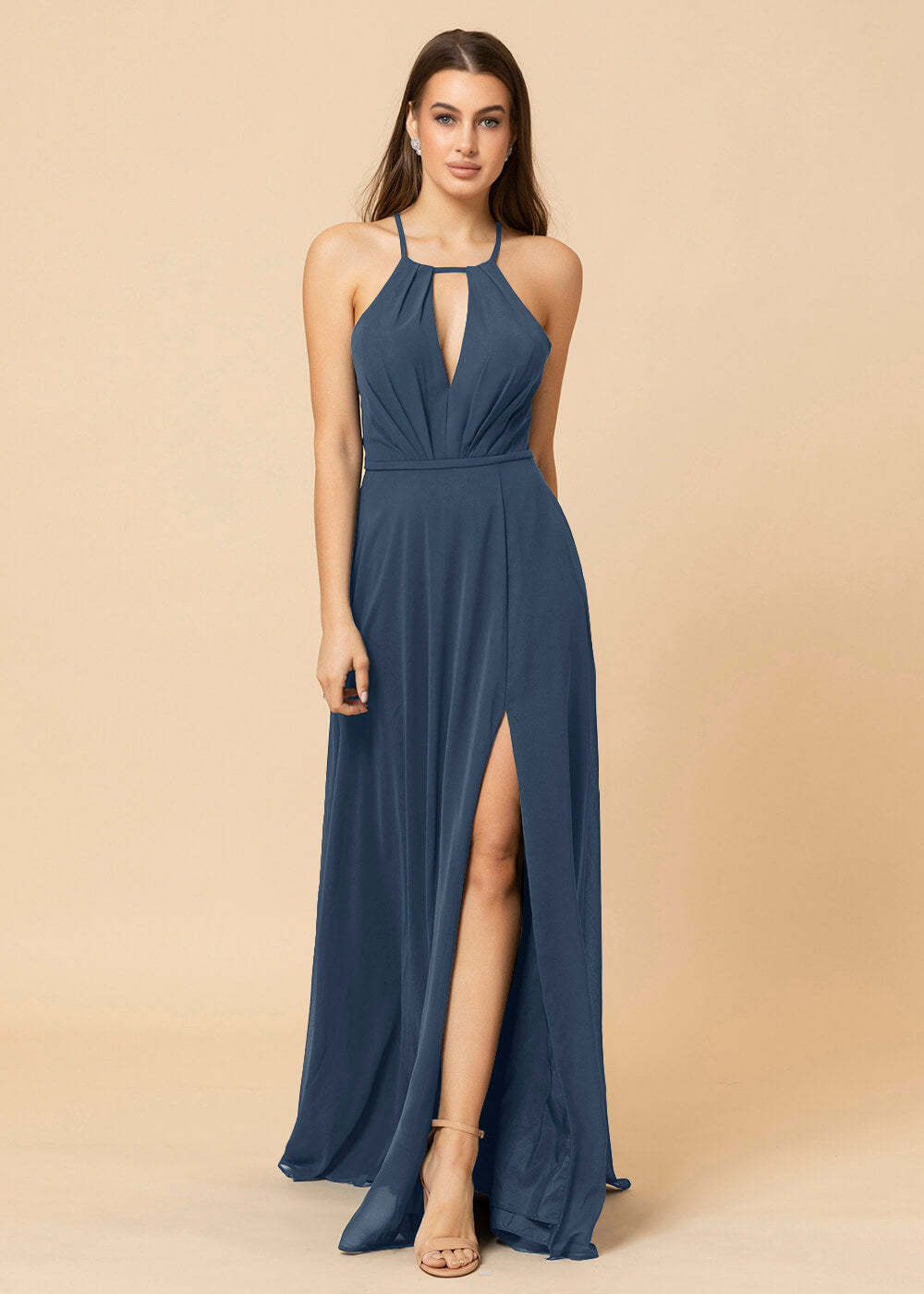 Halter Neck Chiffon Floor Length Bridesmaid Dress