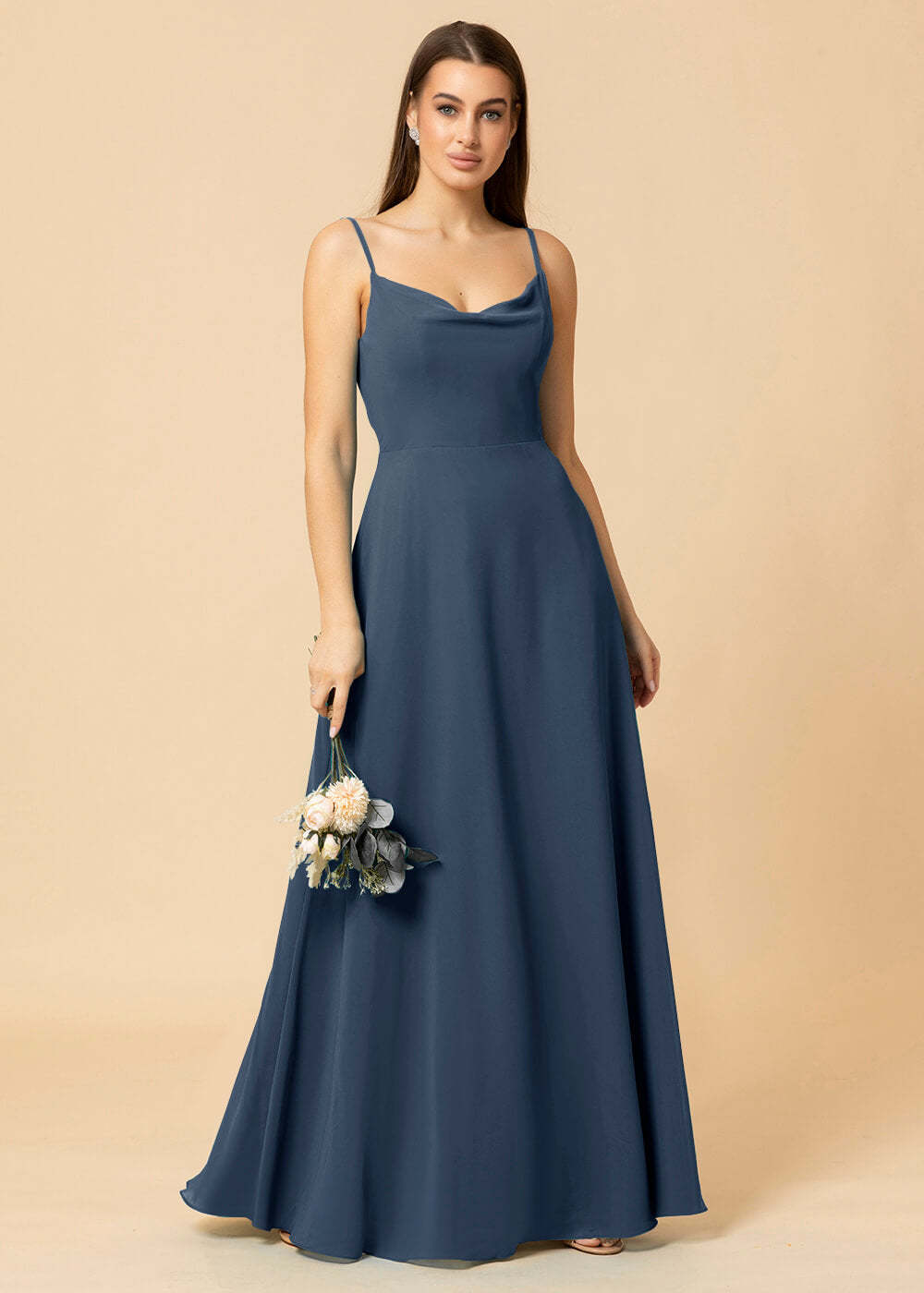 Cowl Neck Strap Chiffon Maxi Bridesmaid Dress