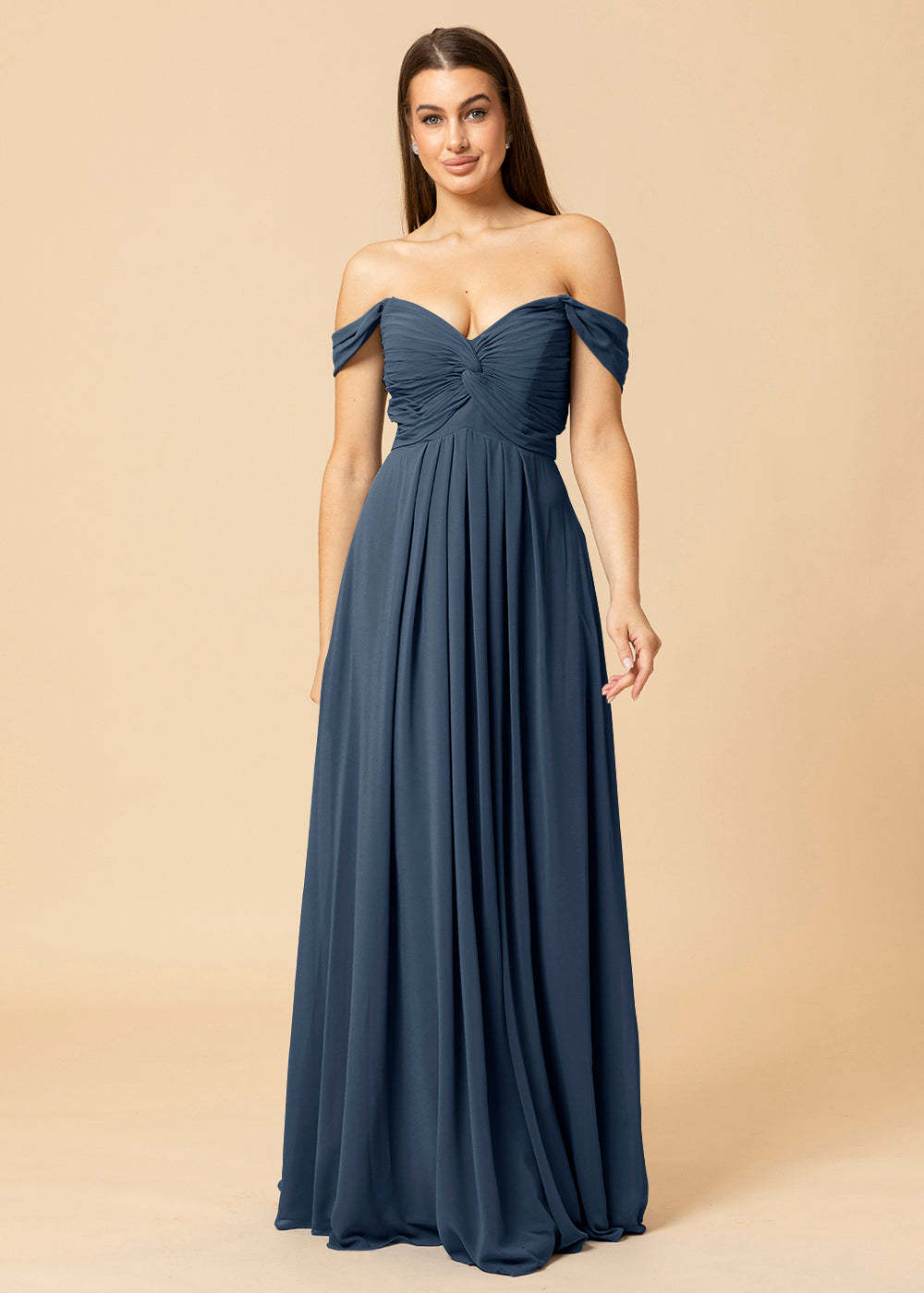 Off the Shoulder Chiffon Maxi Bridesmaid Dress