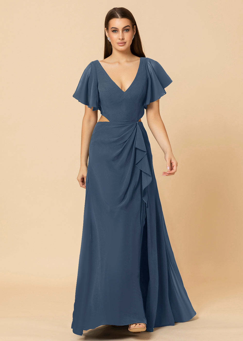 V-neck Waist Cut Out Floor Length Bridesmaid Dress