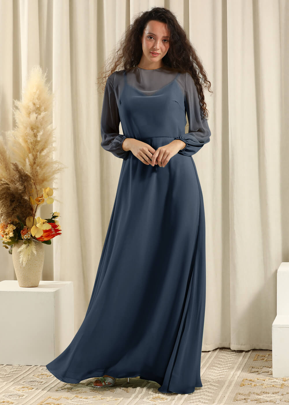 Long Sleeve A-line Chiffon Keyhole Back Bridesmaid Dress