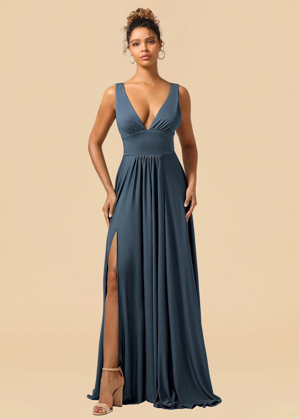 Deep V-neck Spandex A-line Maxi Bridesmaid Dress with Slit