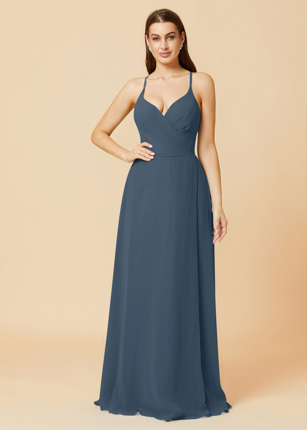 V-neck Spaghetti Strap Button Back Chiffon Bridesmaid Dress