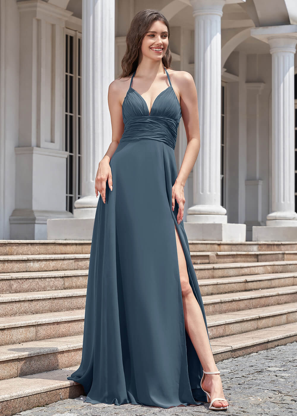 Deep V Halter Neck Pleated A-line Chiffon Long Bridesmaid Dress