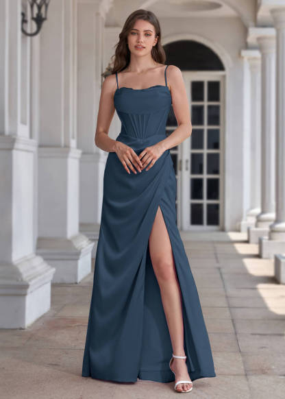 Spaghetti Strap Corset Crepe Sheath Floor Length Bridesmaid Dress
