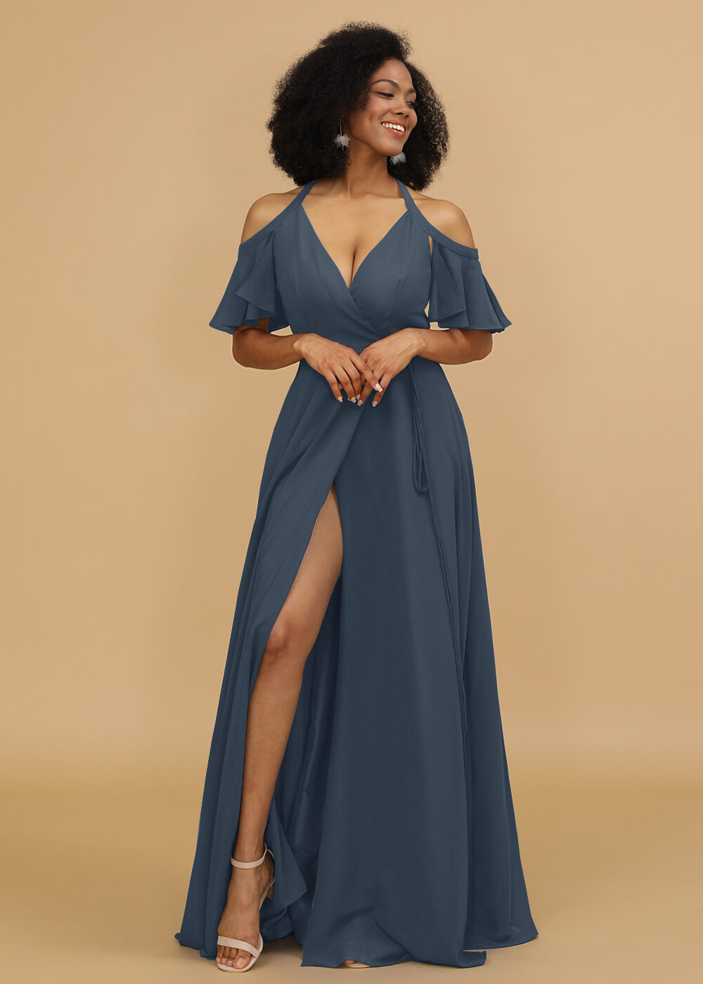 Ruffles Sleeves A-line Wrap Bridesmaid Dress