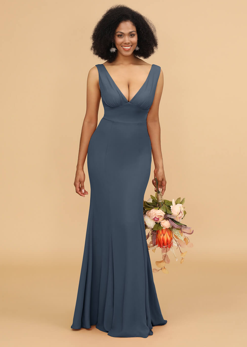 V-neck Trumpet Long Bridesmaid Dress