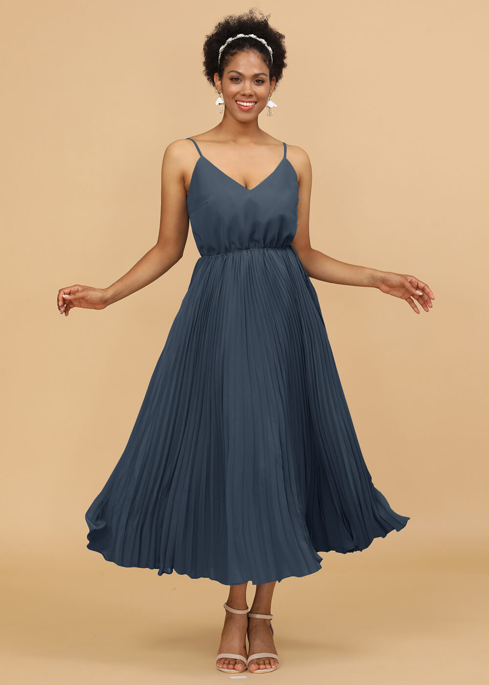 V-neck Spaghetti Strap Tea Length Bridesmaid Dress