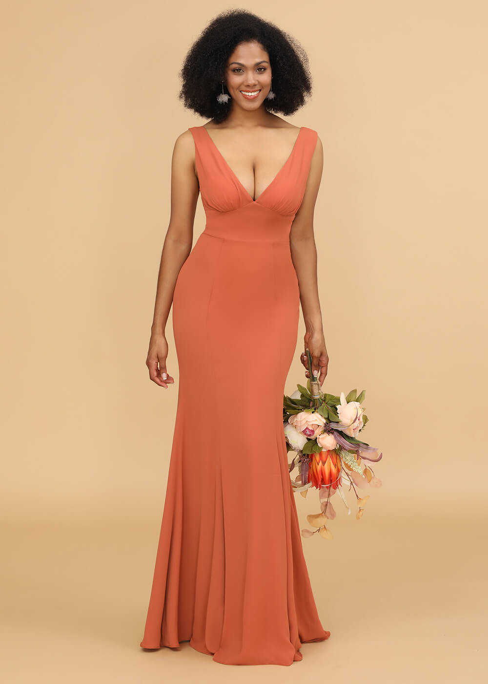 V-neck Trumpet Long Bridesmaid Dress