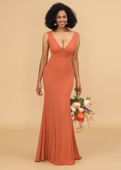 V-neck Trumpet Long Bridesmaid Dress