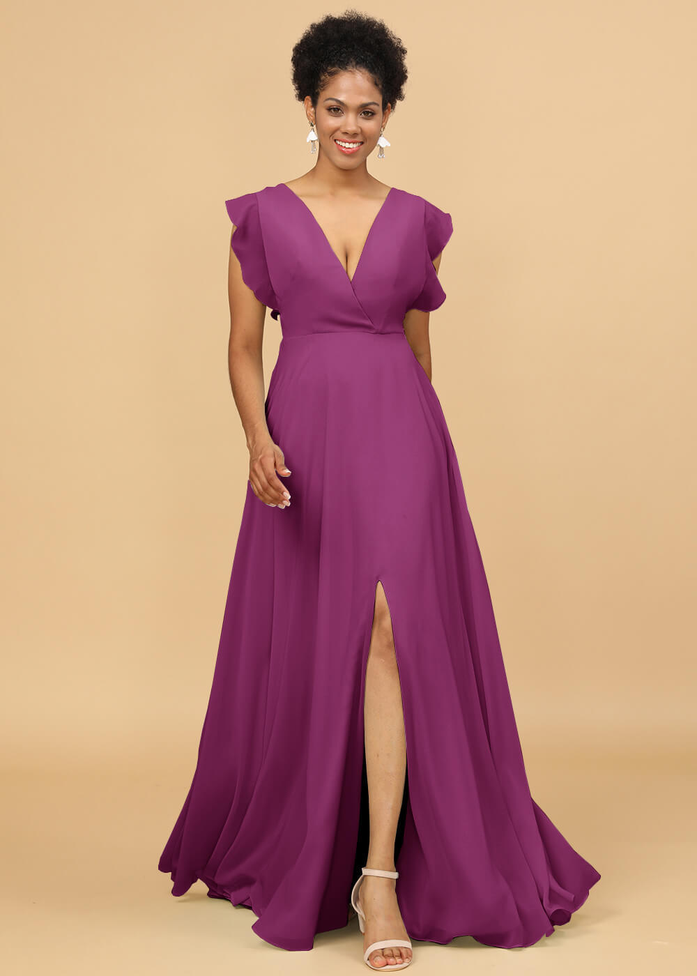 V-neck Ruffles Cap Sleeve Chiffon Bridesmaid Dress