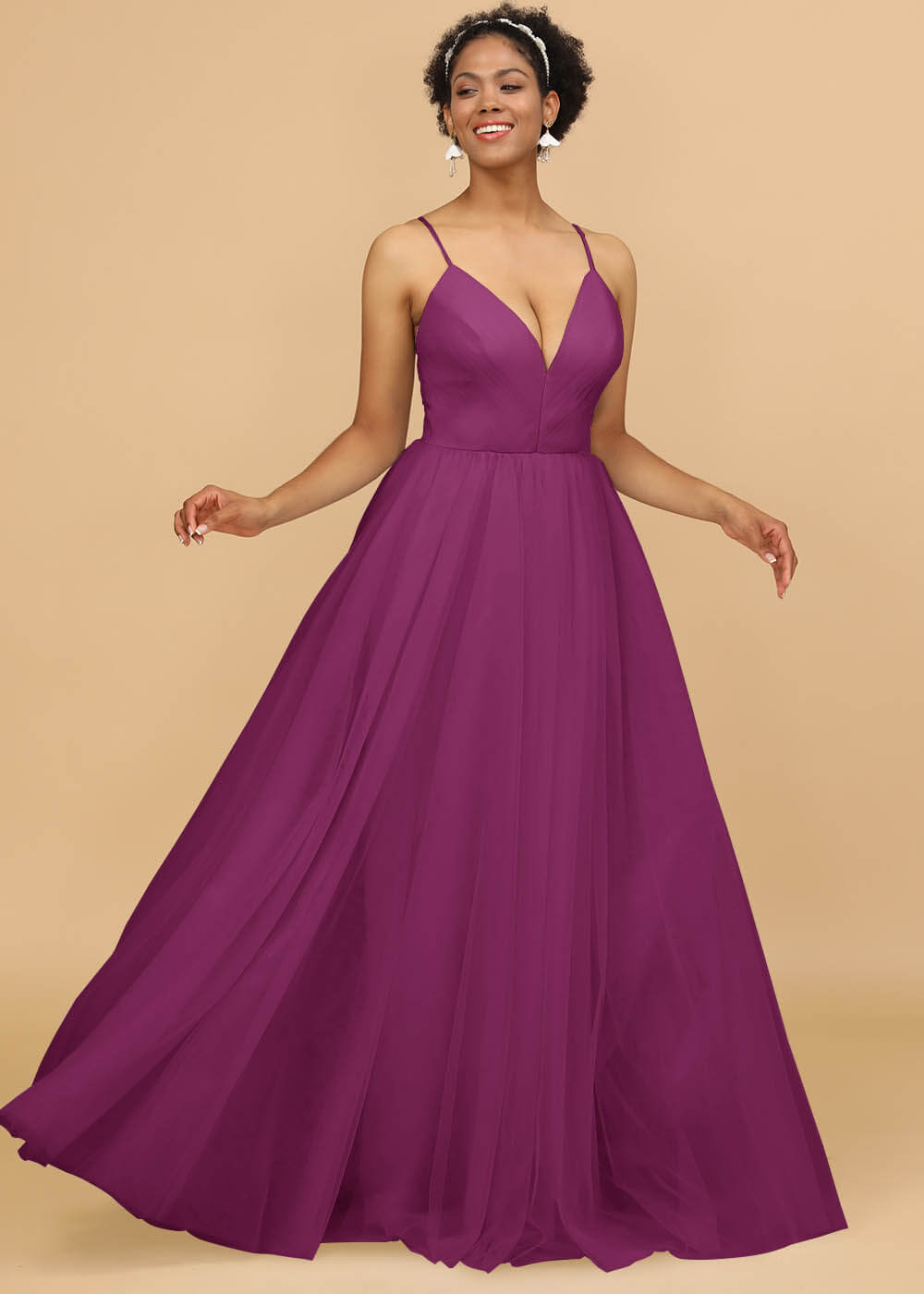 Deep V-neck Strap Tulle Bridesmaid Dress