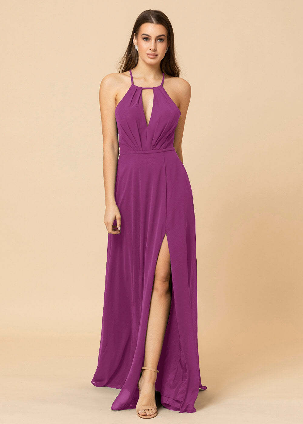 Halter Neck Chiffon Floor Length Bridesmaid Dress