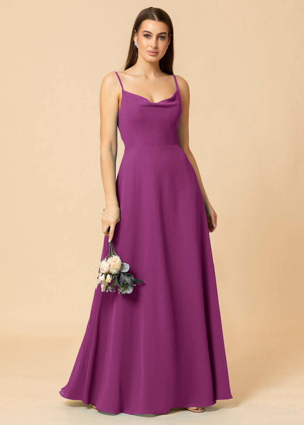 Cowl Neck Strap Chiffon Maxi Bridesmaid Dress