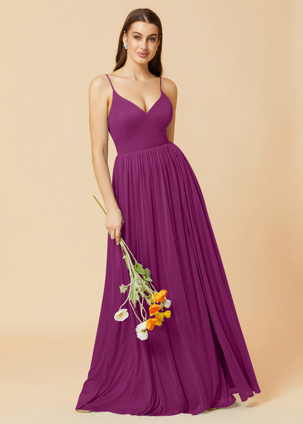 V-neck Spaghetti Strap Open Back Chiffon Bridesmaid Dress