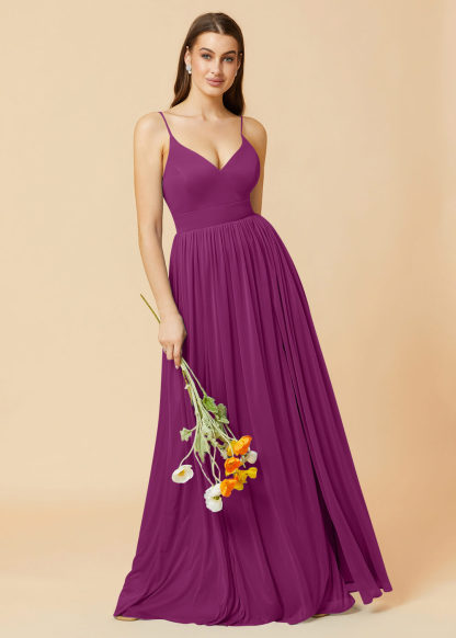 V-neck Spaghetti Strap Open Back Chiffon Bridesmaid Dress