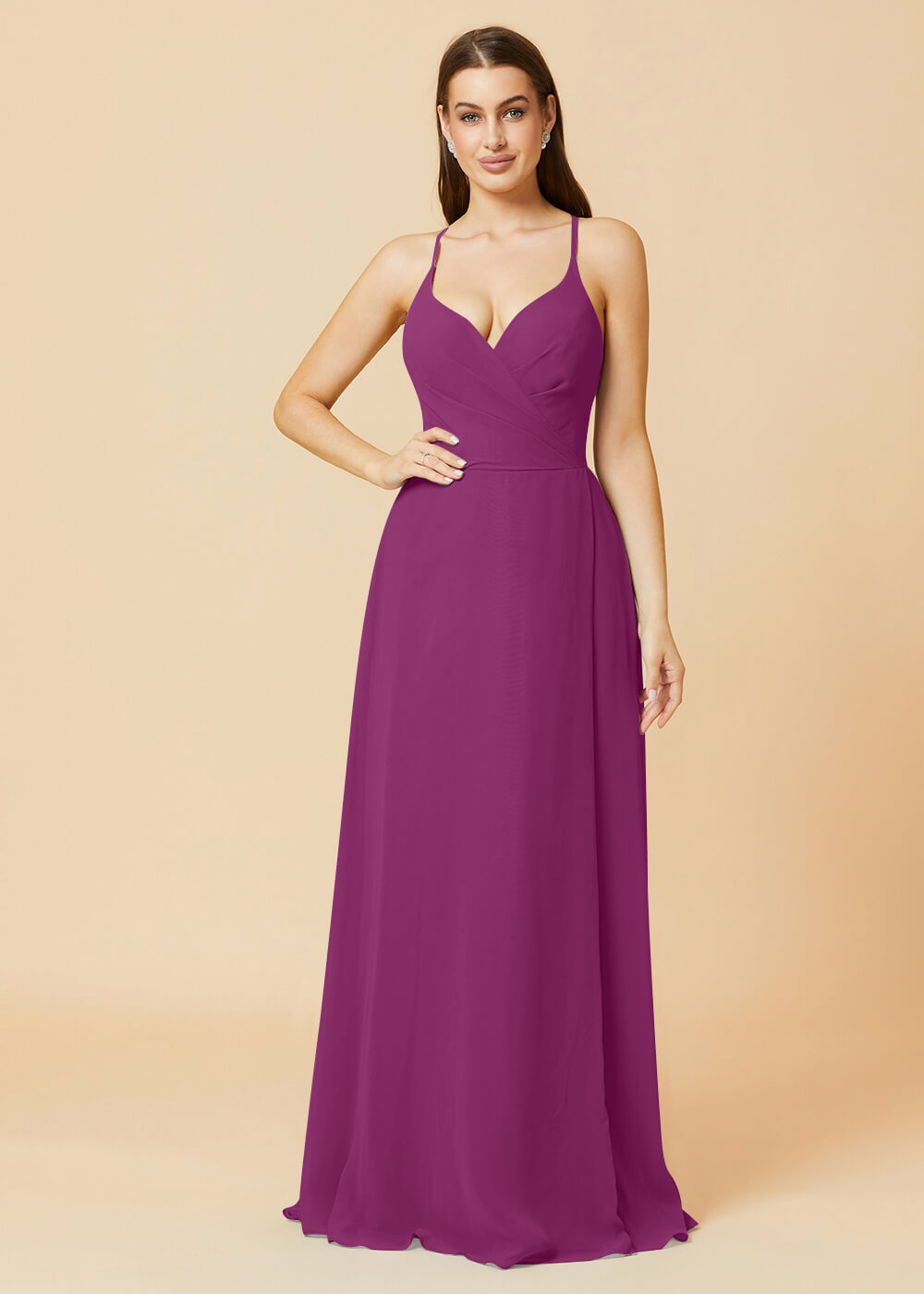 V-neck Spaghetti Strap Button Back Chiffon Bridesmaid Dress