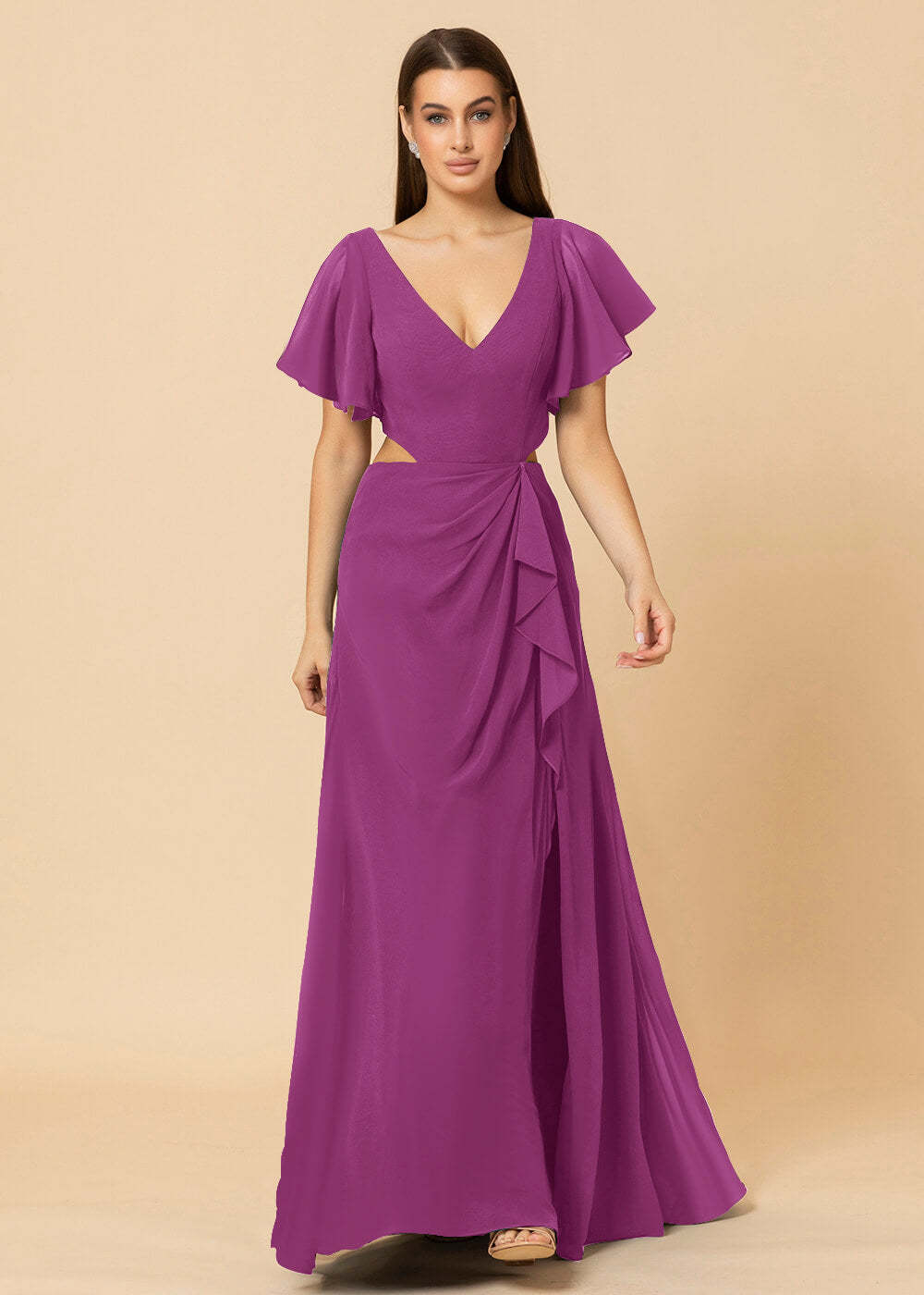 V-neck Waist Cut Out Floor Length Bridesmaid Dress