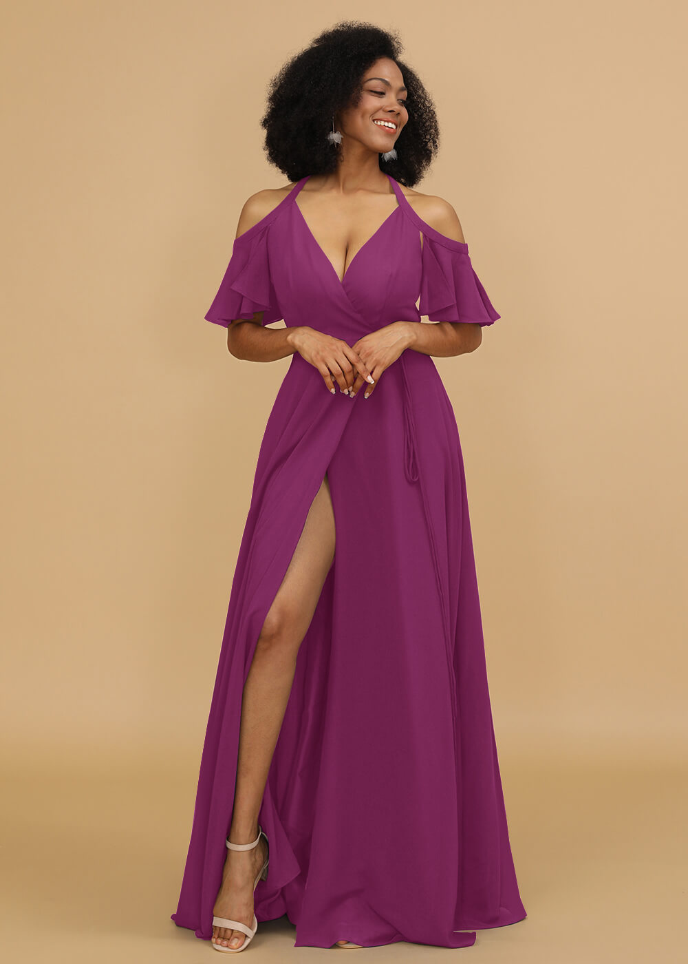 Ruffles Sleeves A-line Wrap Bridesmaid Dress