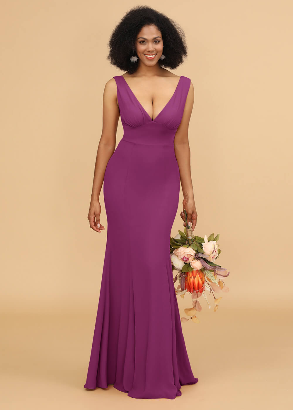 V-neck Trumpet Long Bridesmaid Dress